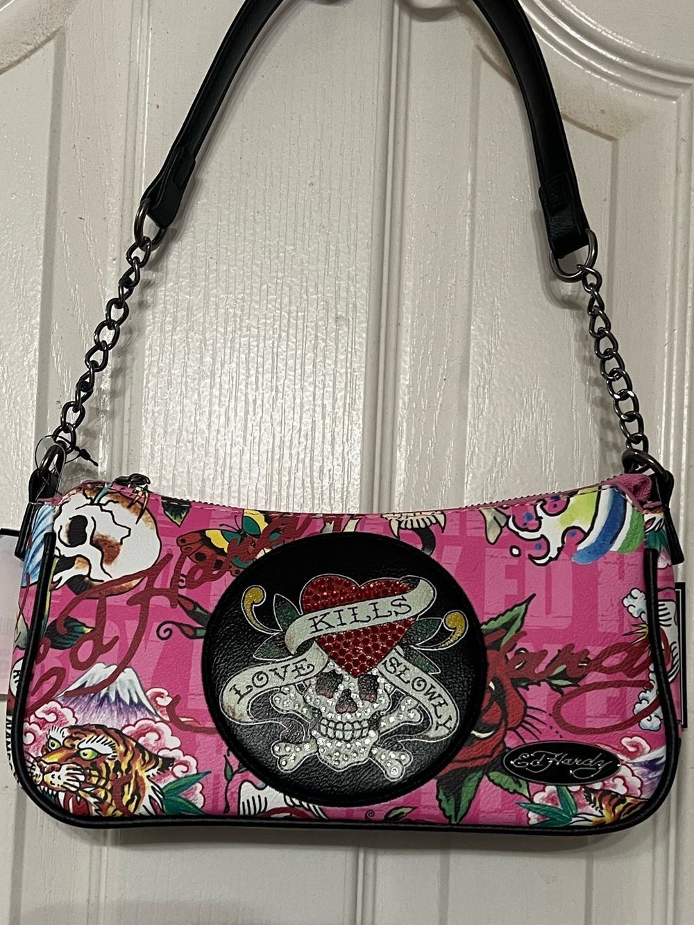 Ed Hardy Love Kills Slowly Pink Shoulder Bag NWT Y2K Skull Purse 10x5x2in - Picture 4 of 11